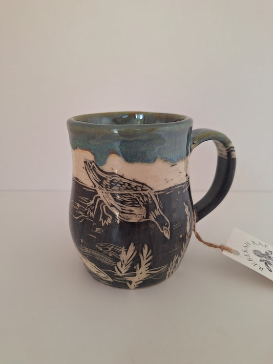 Duck Pond Mug - Hand Carved Botanical Stoneware - Sgraffito