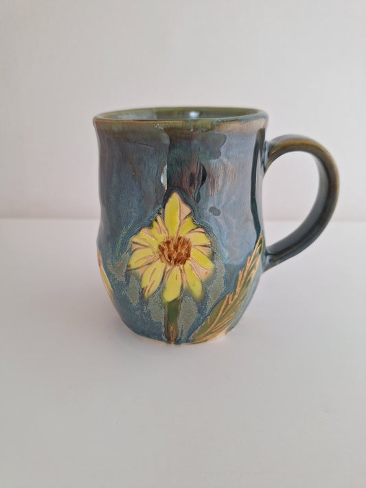 *Perfectly Imperfect* Hand-Carved Sunflower – One of a Kind Stoneware Mug