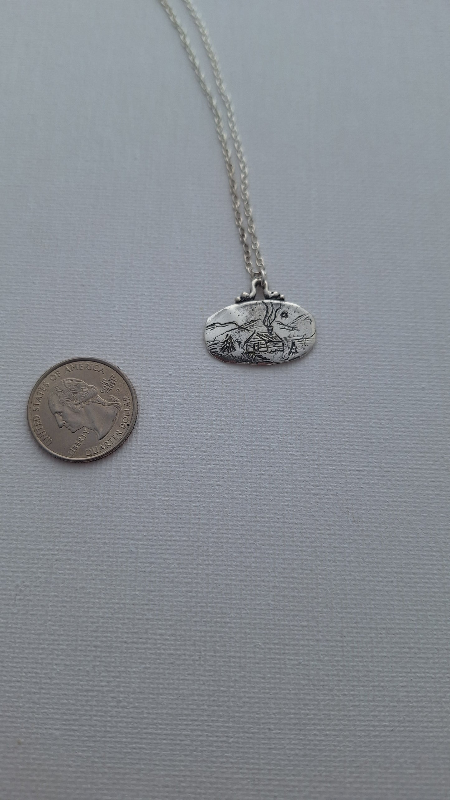 Hand Carved Sterling Silver Mountain Cabin Necklace – One of a Kind Landscape Pendant