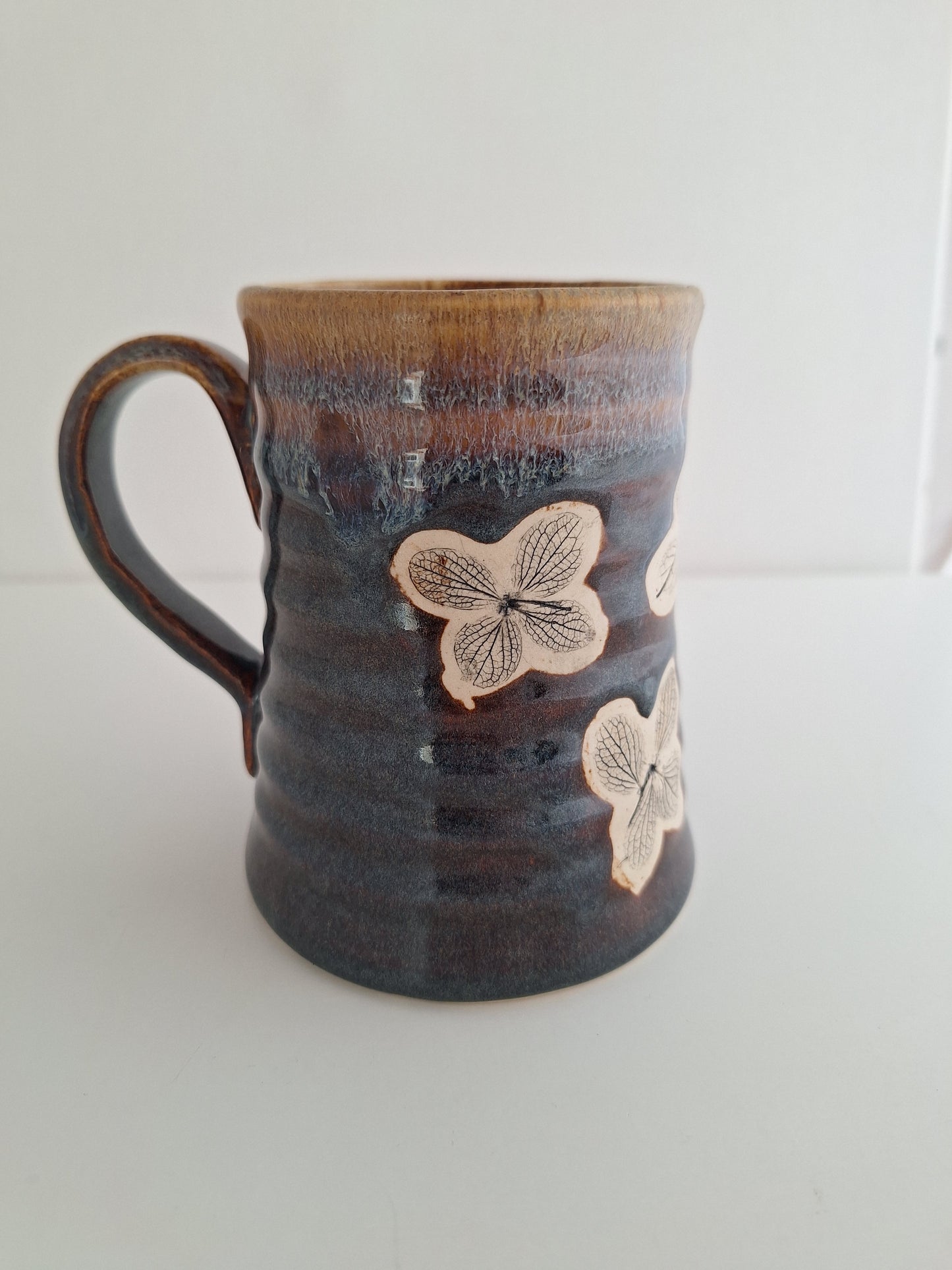 Hand Pressed Botanical Stoneware Mug – Hydrangeas, One of a Kind Handmade Mug