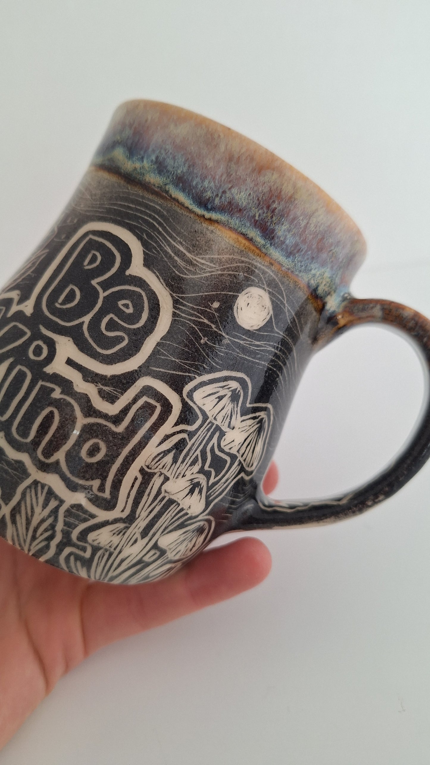 Hand Carved Botanical Stoneware Mug – Be Kind, mushrooms, morels - One of a Kind Sgraffito Mug