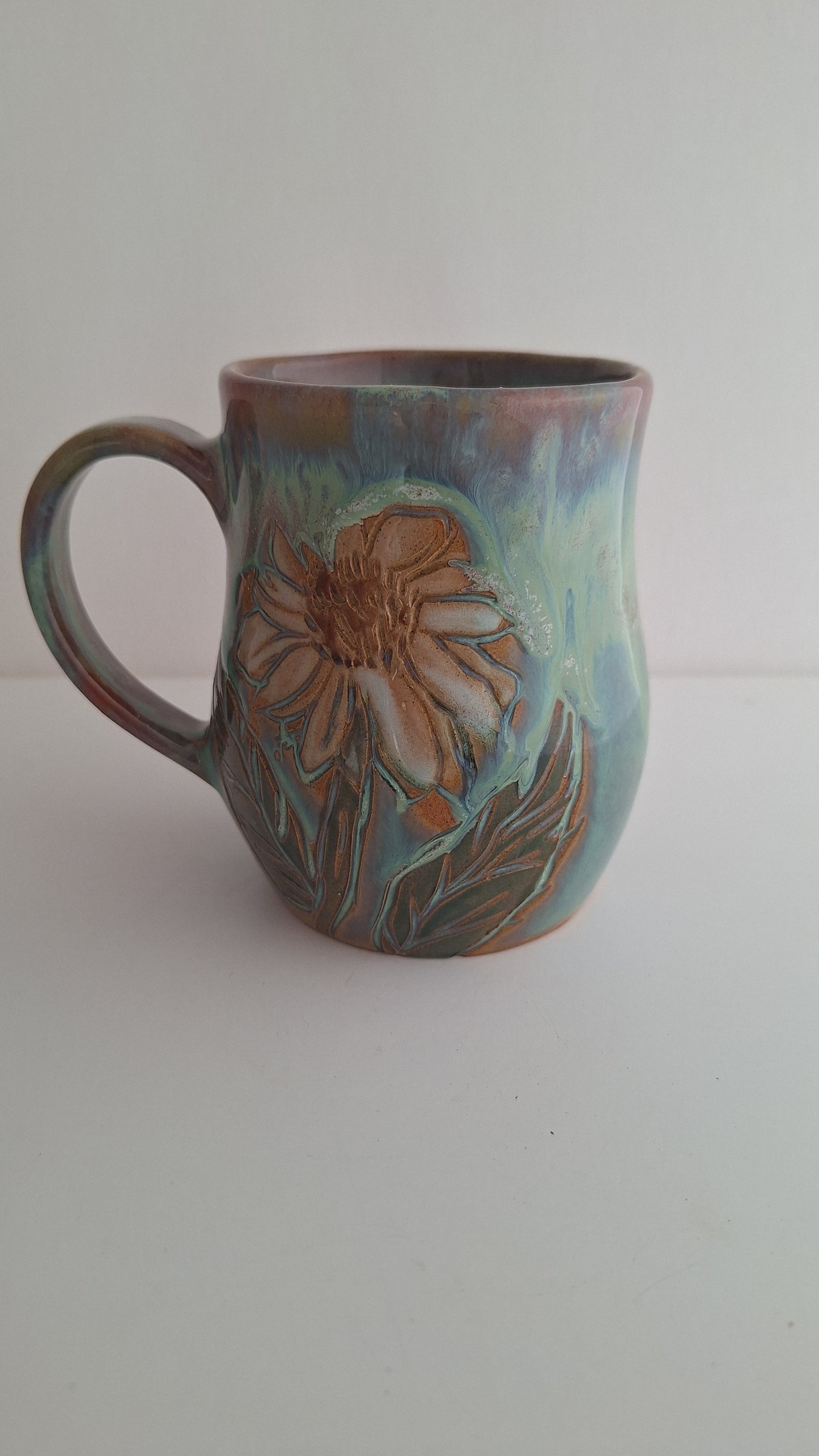 Hand Carved Botanical Stoneware Mug – Sunflowers - One of a Kind Sgraffito Mug