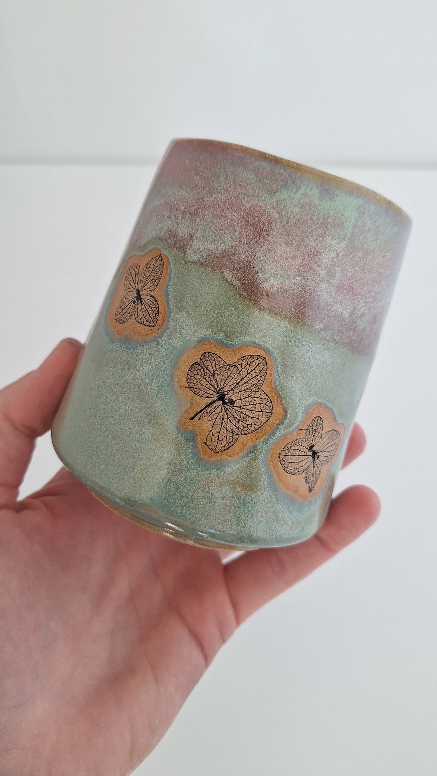 Hydrangea Tumbler - Hand Pressed Botanical Stoneware Mug – One of a Kind Handmade Mulled Wine cup