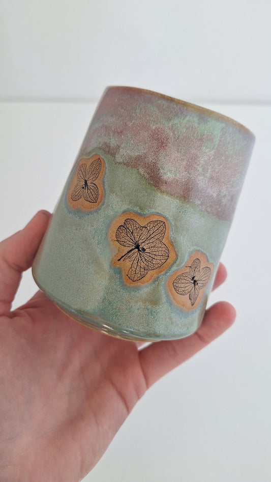 Hydrangea Tumbler - Hand Pressed Botanical Stoneware Mug – One of a Kind Handmade Mulled Wine cup