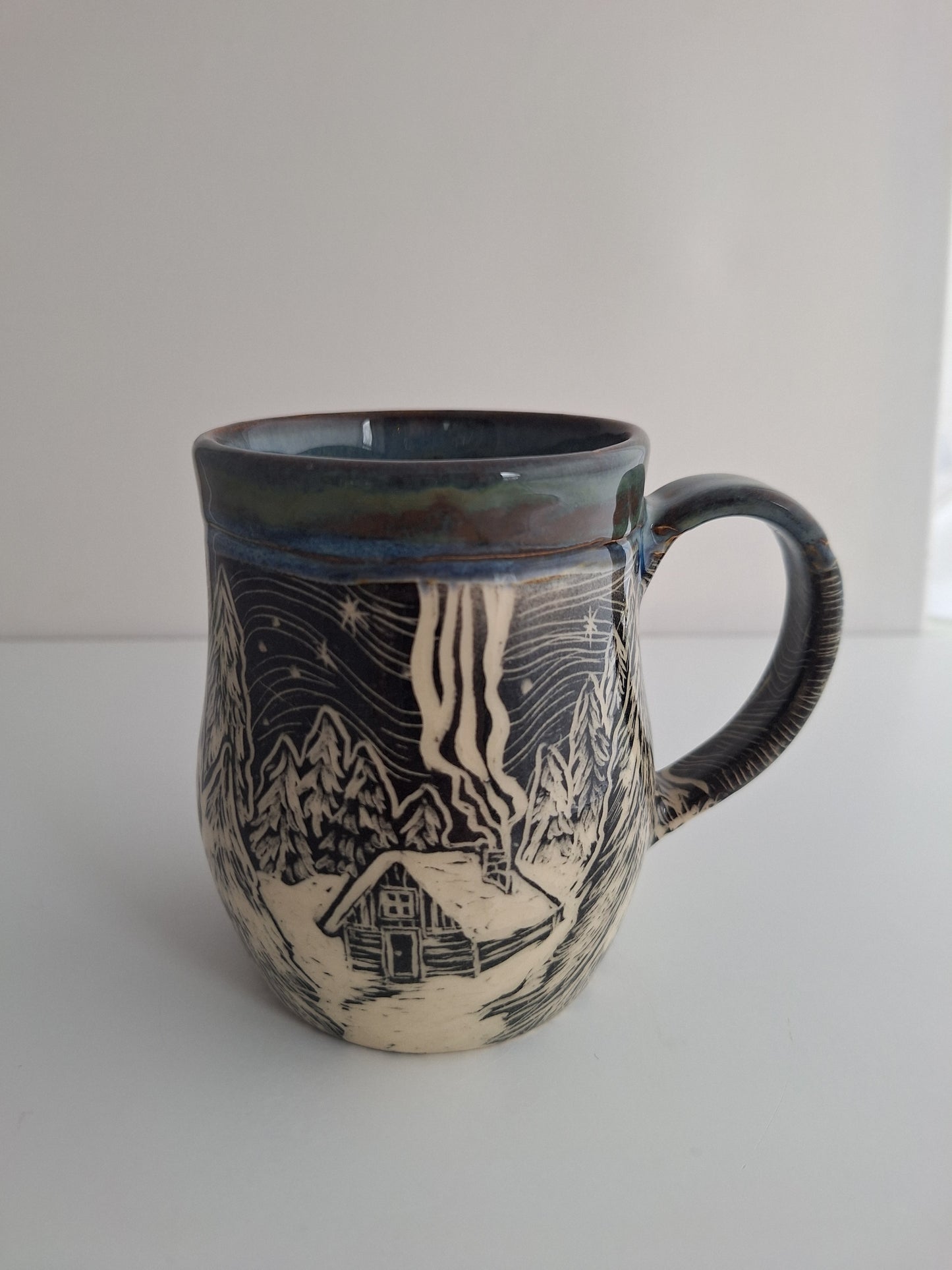 Hand-carved Snowy Cabin Mug
