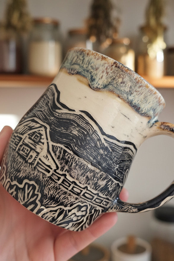 Hand Carved Botanical Stoneware Mug – Barn & Farm Field - One of a Kind Sgraffito Mug