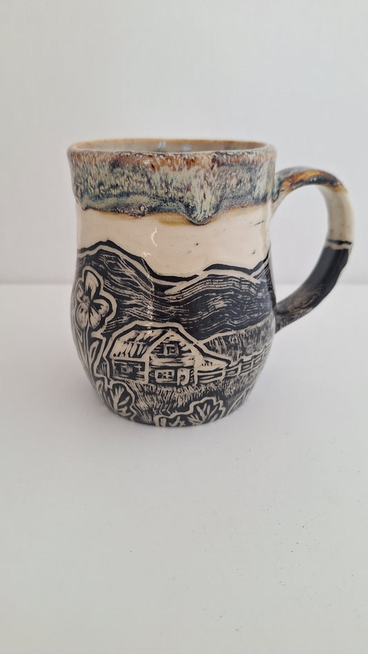 Hand Carved Botanical Stoneware Mug – Barn & Farm Field - One of a Kind Sgraffito Mug