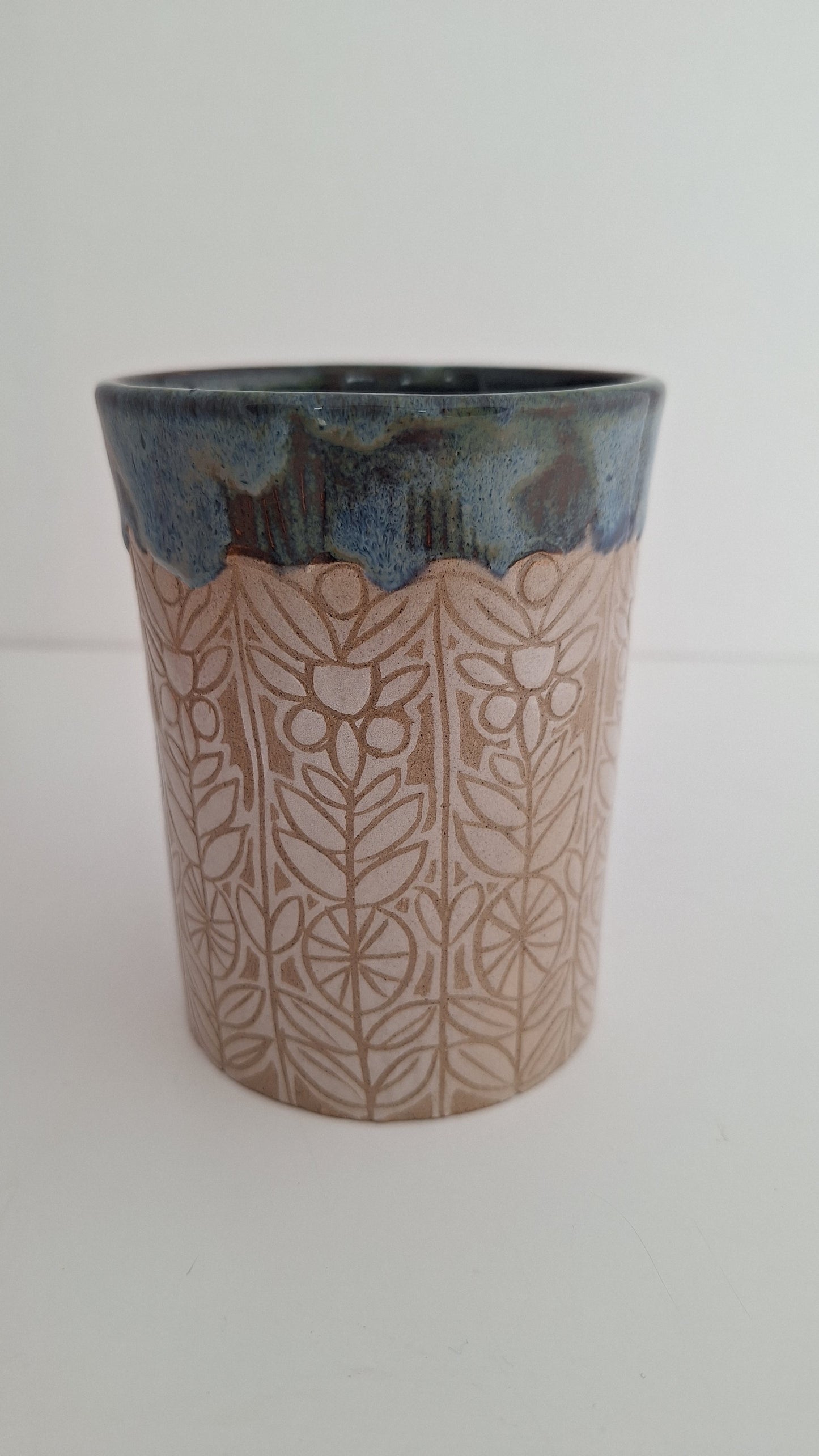 Hand Carved Botanical Stoneware Mug – Woodland Floral - One of a Kind Sgraffito Mug