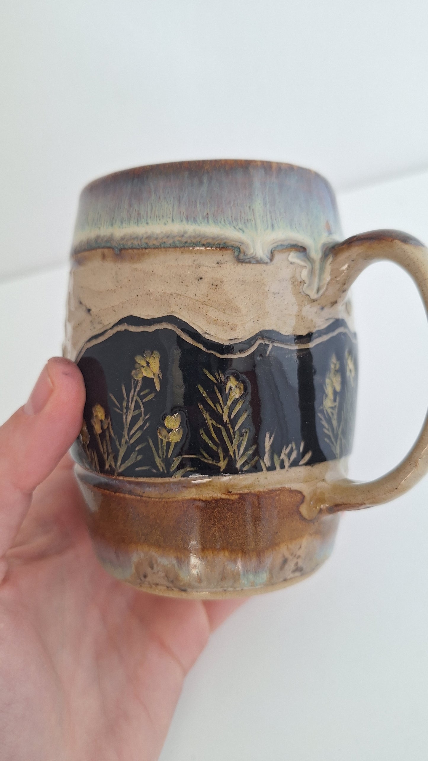 Hand Carved Botanical Stoneware Mug – Mountain Flowers - One of a Kind Sgraffito Mug