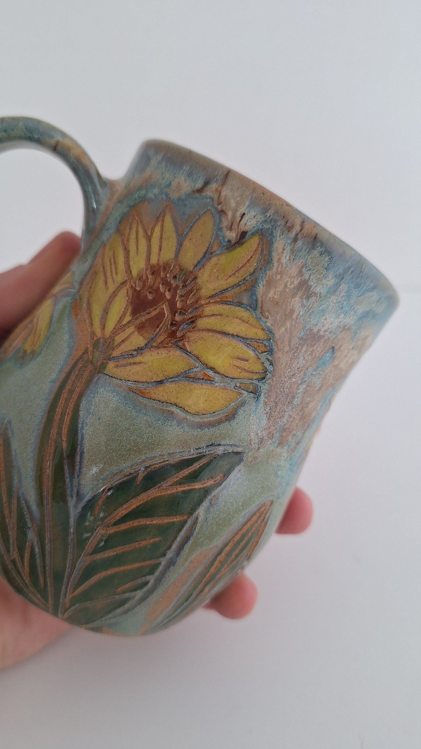 Hand Carved Botanical Stoneware Mug – Sunflowers - One of a Kind Sgraffito Mug