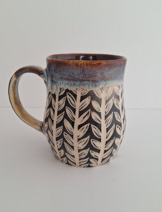 Hand Carved Botanical Stoneware Mug – Honeysuckle Vines - One of a Kind Sgraffito Mug