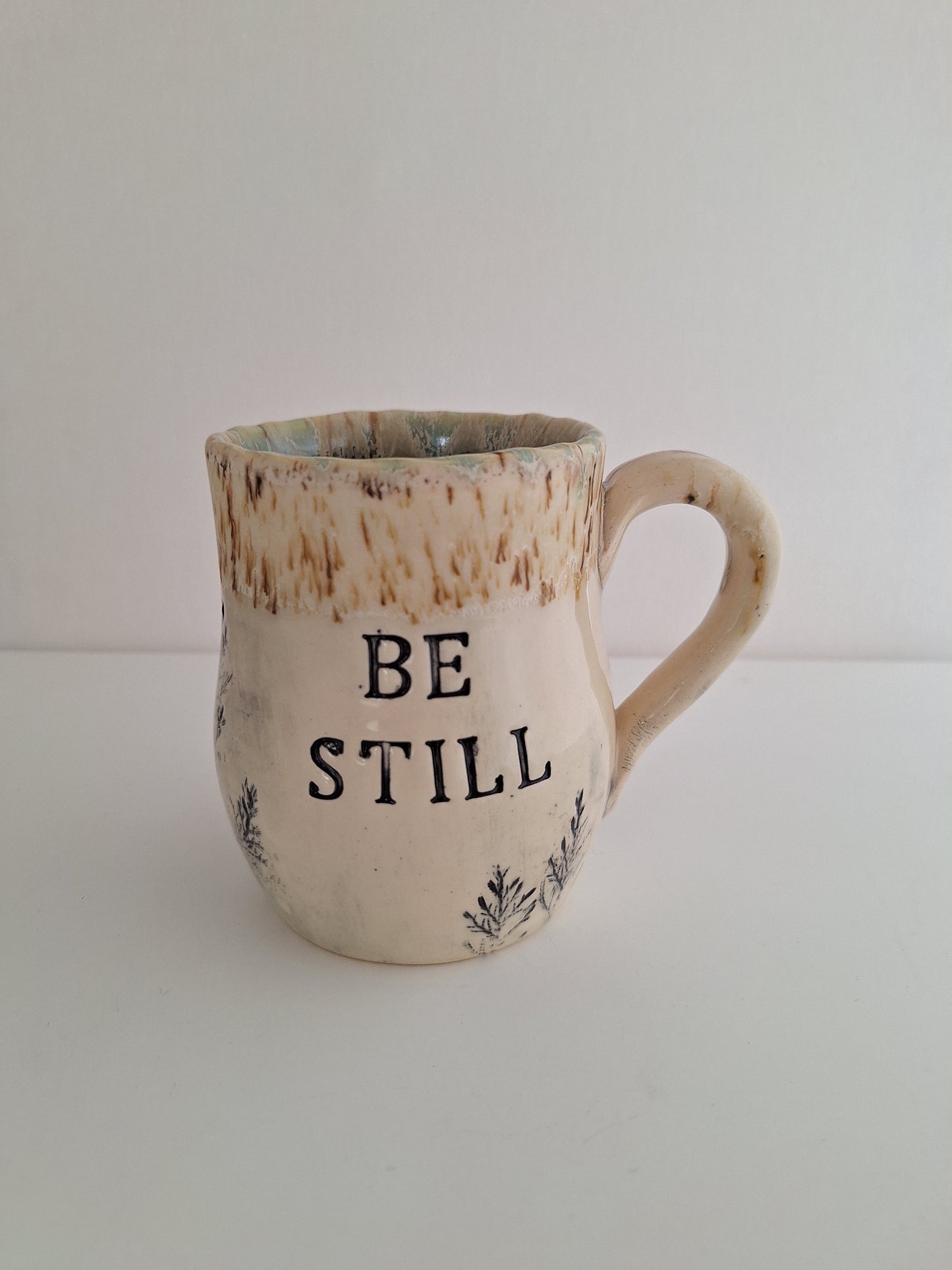 Hand Pressed Botanical Stoneware Mug – Be Still, One of a Kind Handmade Mug