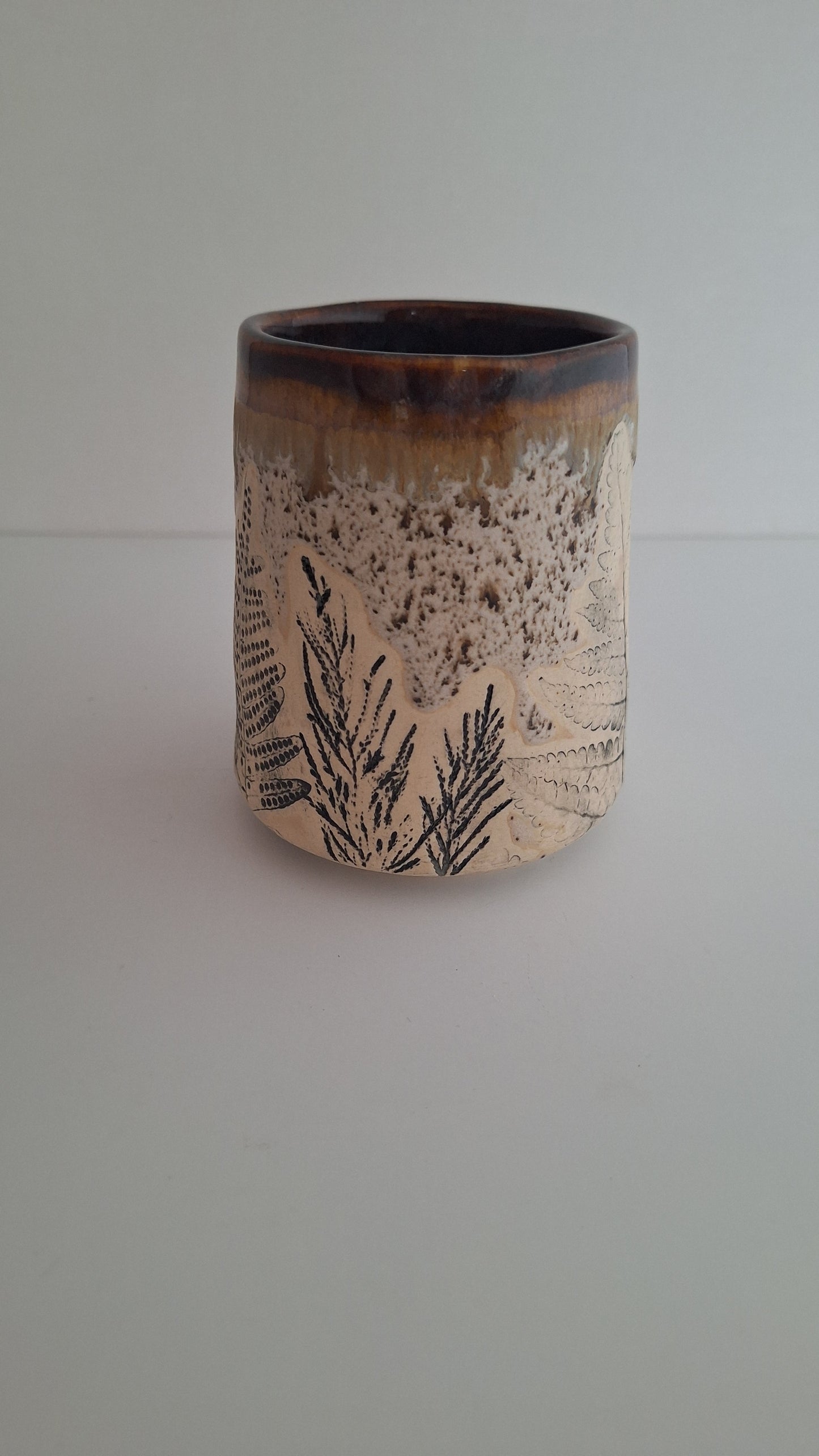 Botanical Imprint Stemless Wine Cup — One of a Kind Stoneware Tumbler - #3
