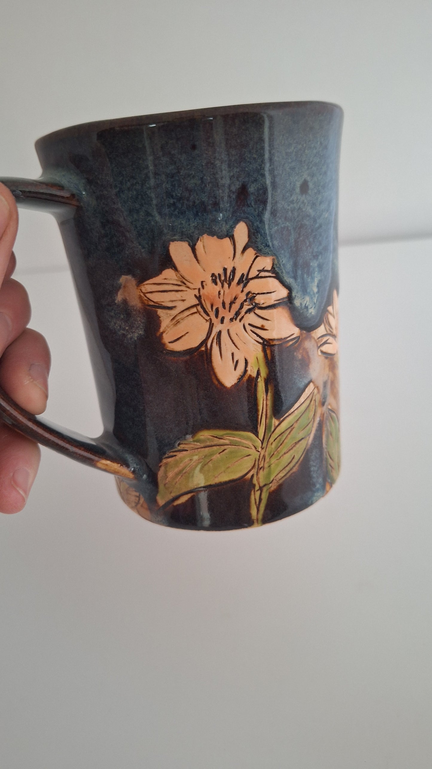 Hand Carved Botanical Stoneware Mug – Cosmo Floral - One of a Kind Sgraffito Mug