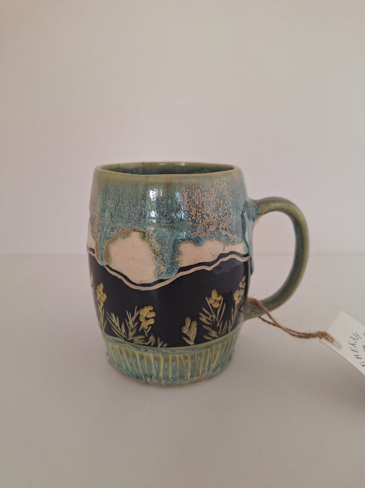 Endless Mountain Mug - Hand Carved Botanical Stoneware - Sgraffito
