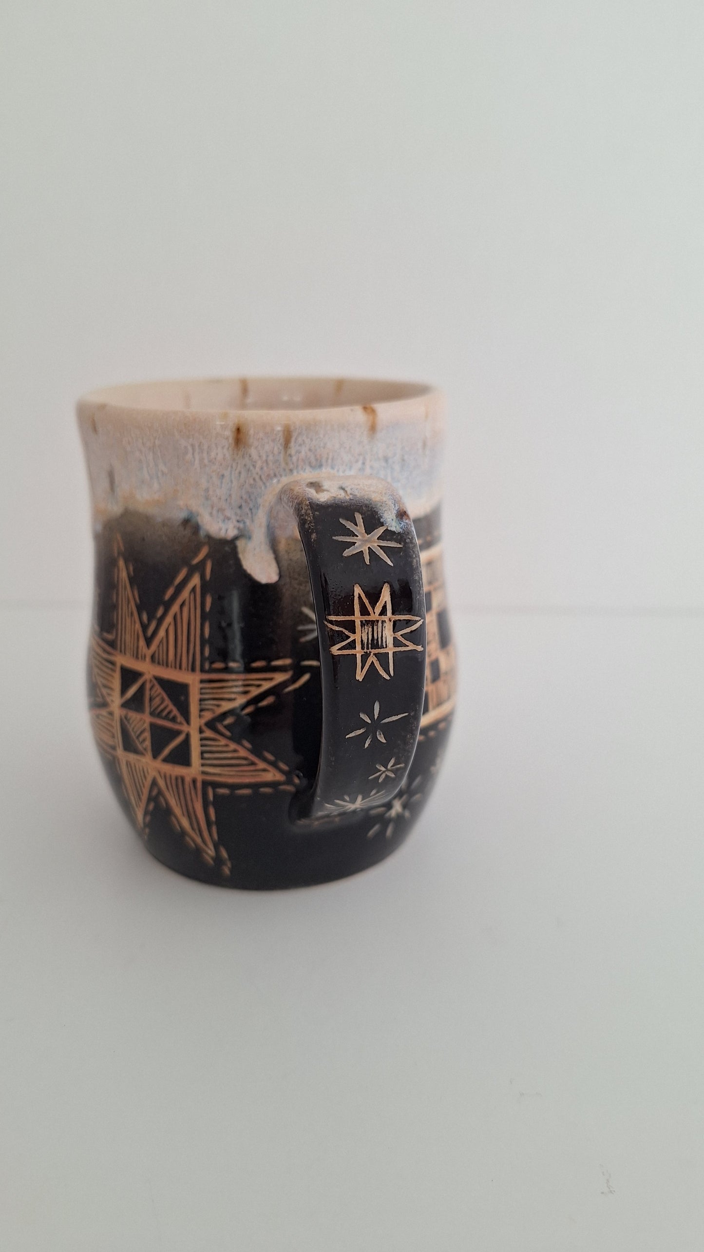 *Second* Hand Carved Stoneware Mug – Simple Things, Quilt blocks - One of a Kind Sgraffito Mug