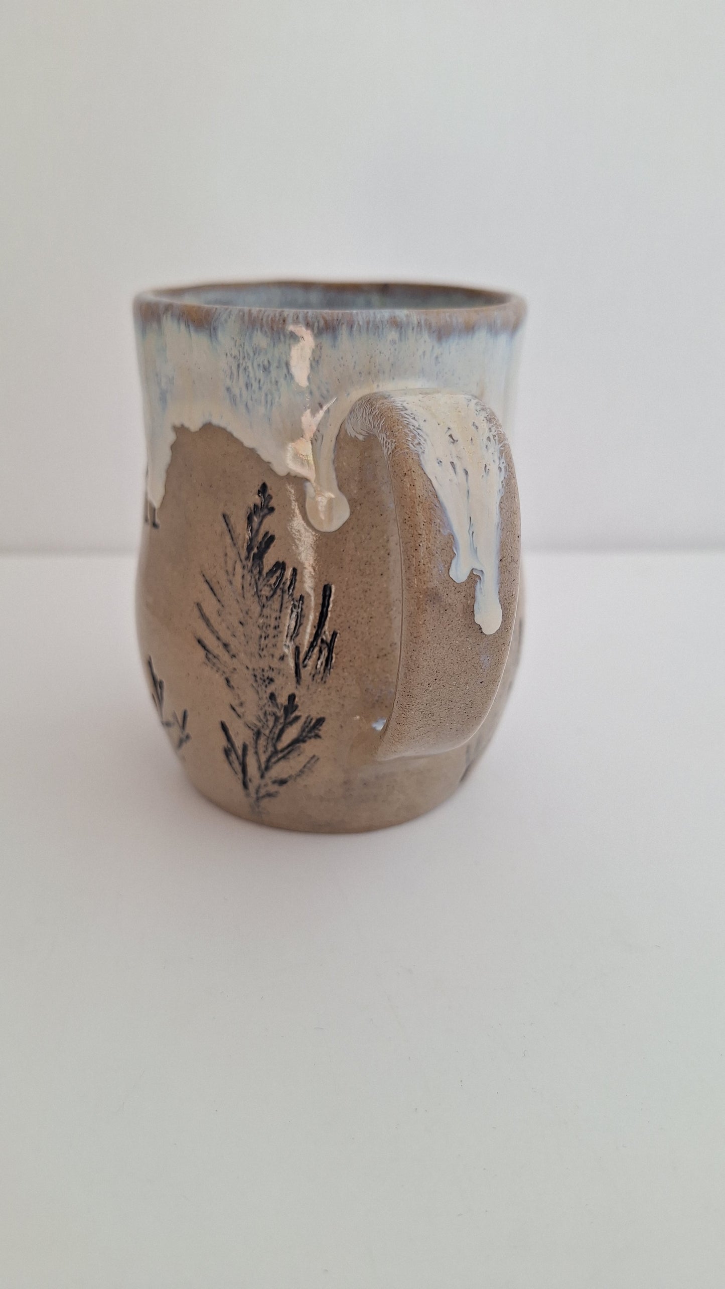 Be Still - Hand Pressed Botanical Stoneware Mug Juniper, One of a Kind Handmade Mug
