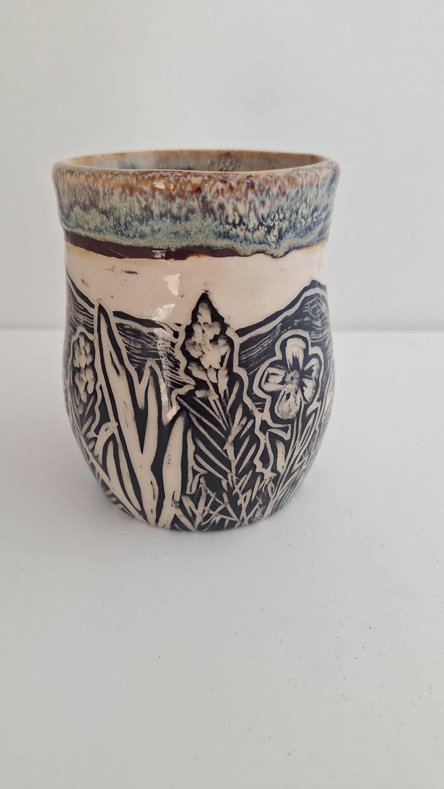 Hand Carved Botanical Stoneware Mug – Barn & Farm Field - One of a Kind Sgraffito Mug