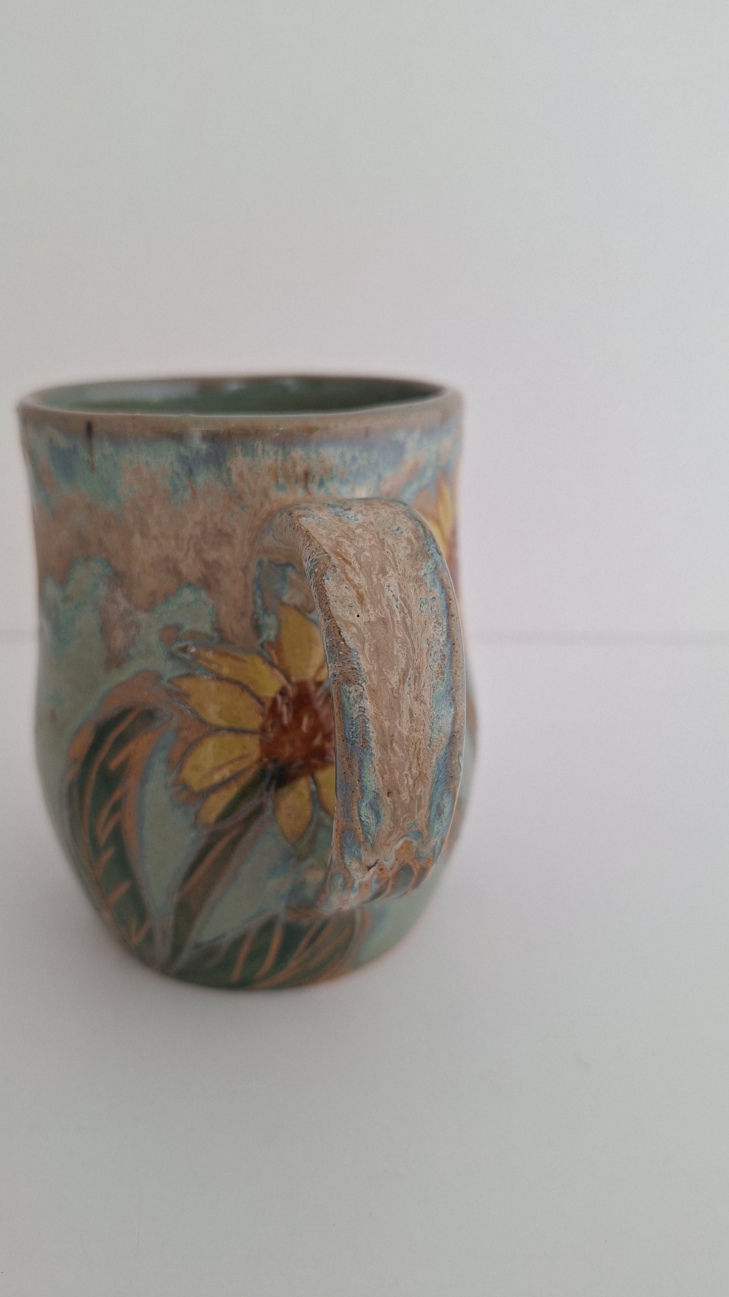 Hand Carved Botanical Stoneware Mug – Sunflowers - One of a Kind Sgraffito Mug