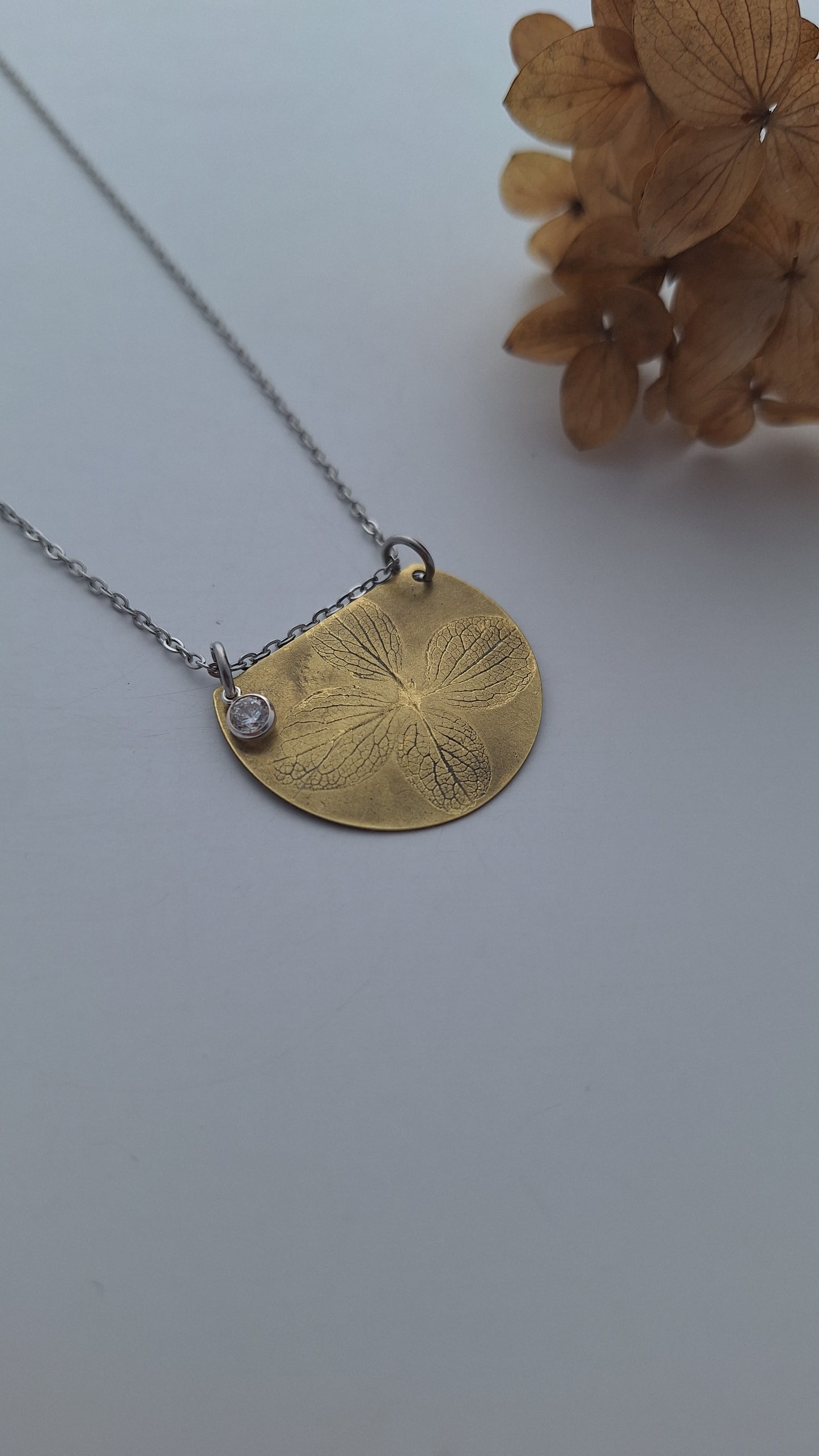 Pressed Hydrangea Brass Necklace — Botanical Imprint (One of a Kind)