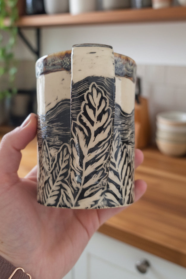 Endless Mountains - Hand Carved Botanical Stoneware Mug - One of a Kind Sgraffito Mug