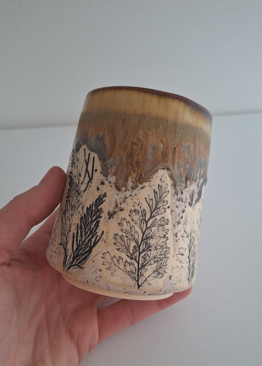 Botanical Imprint Stemless Wine Cup — One of a Kind Stoneware Tumbler - #1