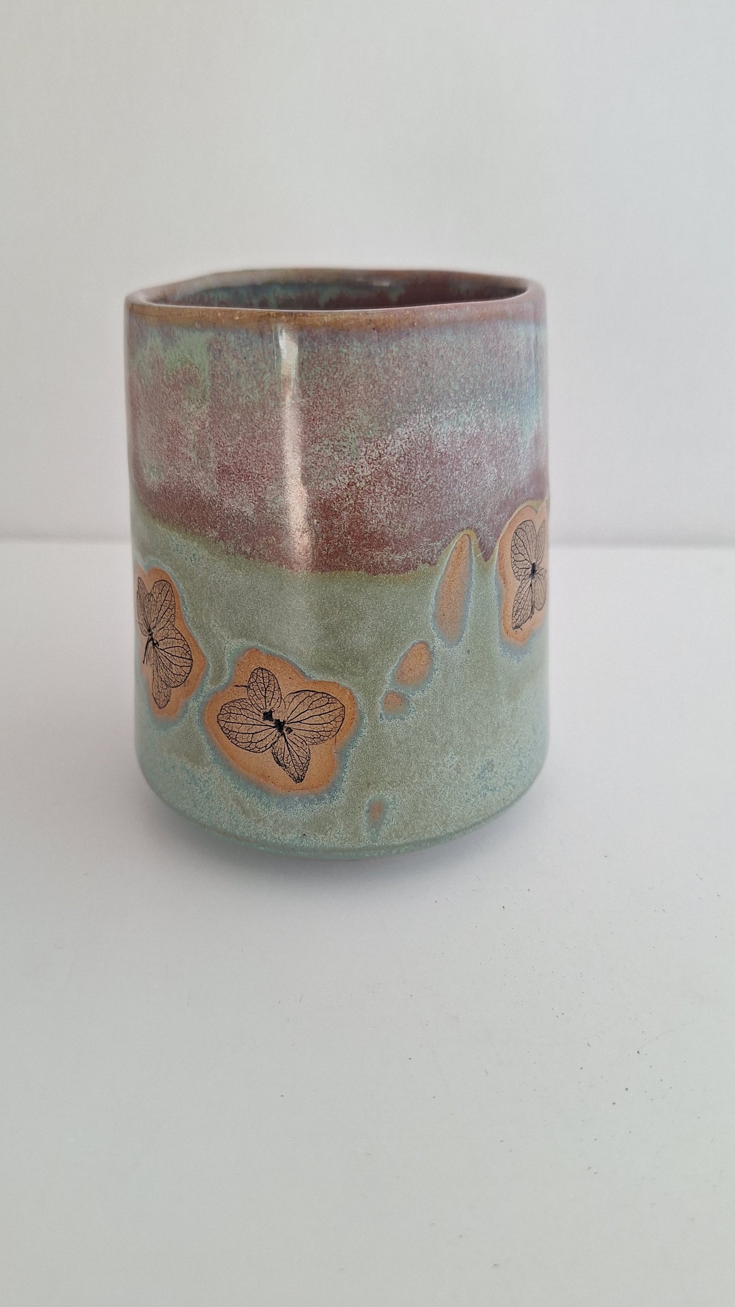 Hydrangea Tumbler - Hand Pressed Botanical Stoneware Mug – One of a Kind Handmade Mulled Wine cup
