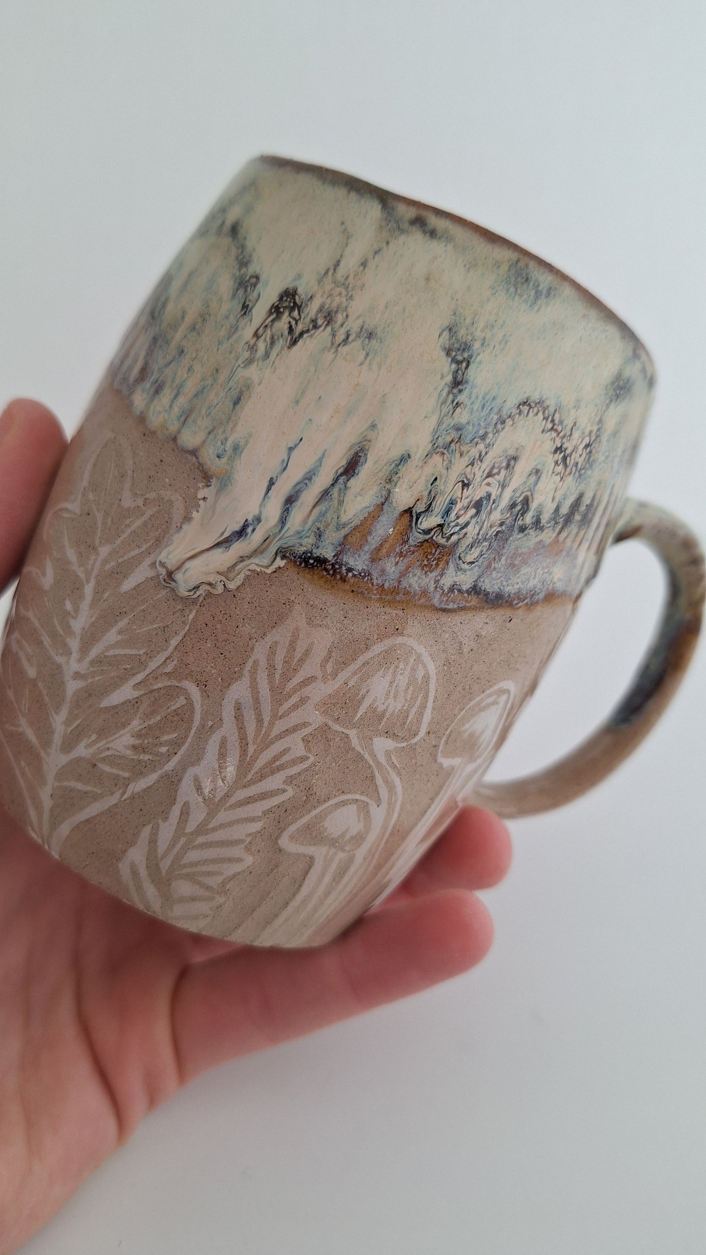 Hand Carved Botanical Stoneware Mug – Woodland Treasures - One of a Kind Sgraffito Mug