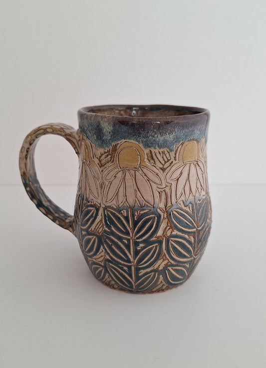 Hand Carved Botanical Stoneware Mug – Echinacea, Coneflowers - One of a Kind Sgraffito Mug