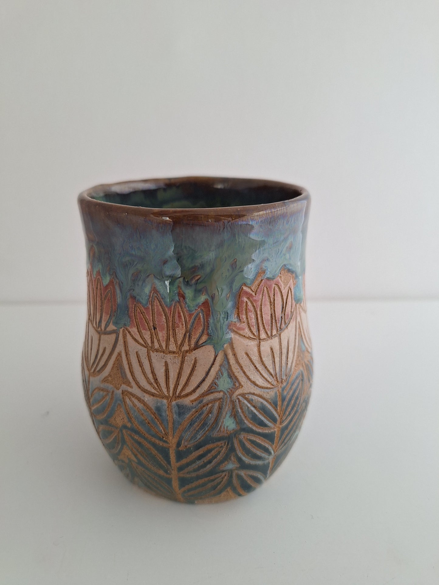 Hand Carved Botanical Stoneware Mug – Tulip Floral - One of a Kind Sgraffito Mug