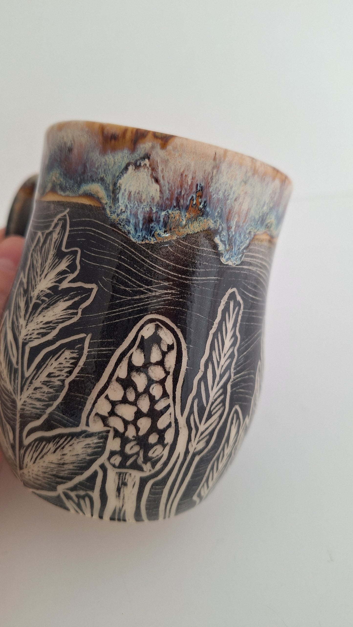 Hand Carved Botanical Stoneware Mug – Be Kind, mushrooms, morels - One of a Kind Sgraffito Mug