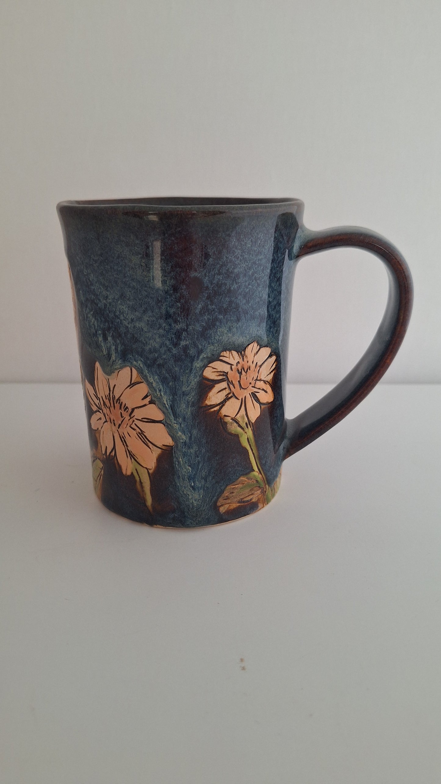 Hand Carved Botanical Stoneware Mug – Cosmo Floral - One of a Kind Sgraffito Mug