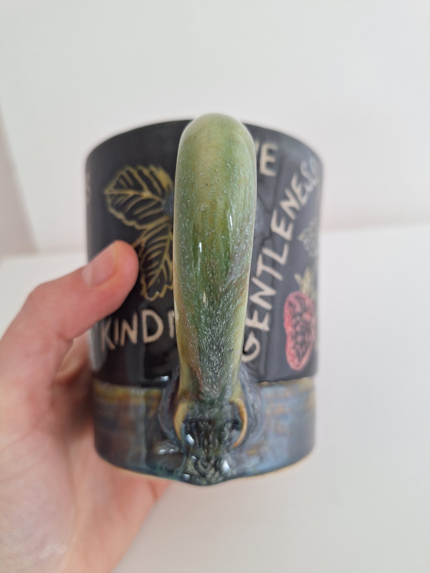 *Perfectly Imperfect* Hand-Carved Fruits of the Spirit Mug – One of a Kind Stoneware Mug