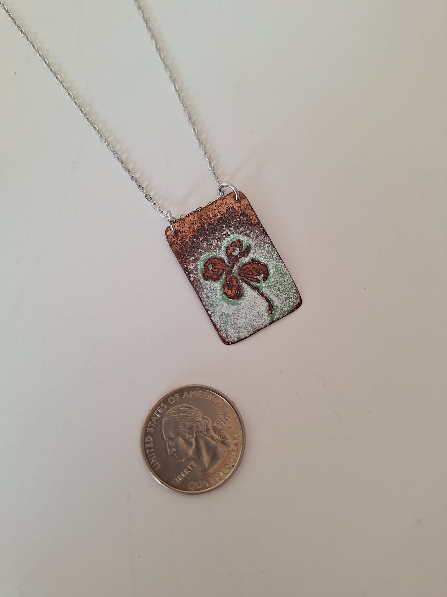 Copper Clover Necklace – Enamel Pendant – One of a Kind Botanical Jewelry