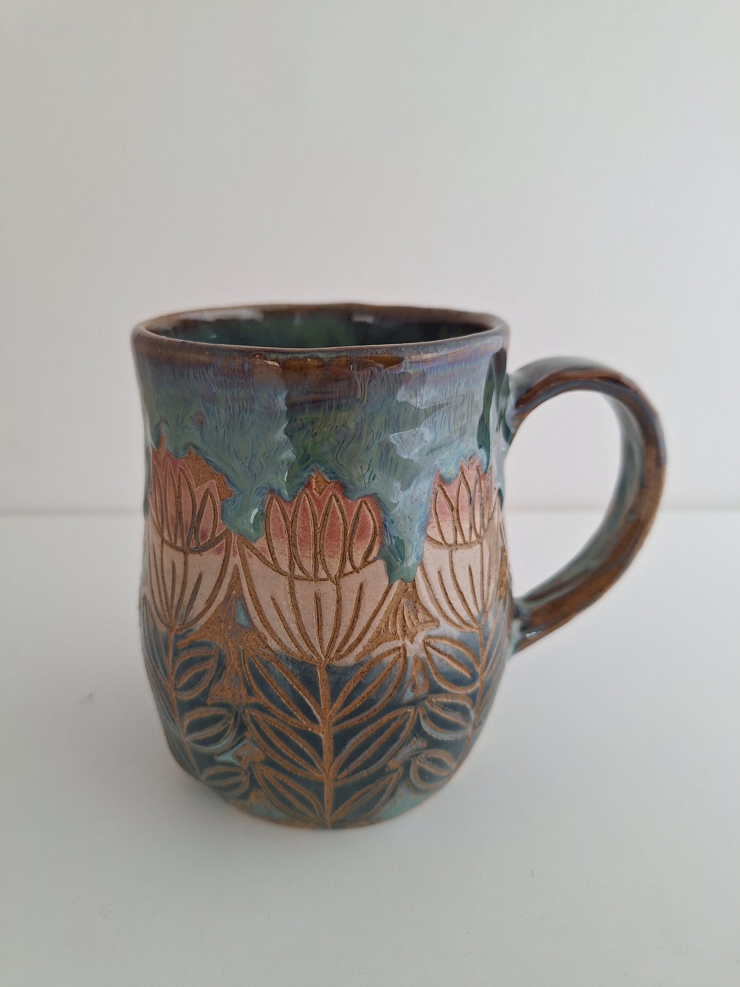 Hand Carved Botanical Stoneware Mug – Tulip Floral - One of a Kind Sgraffito Mug