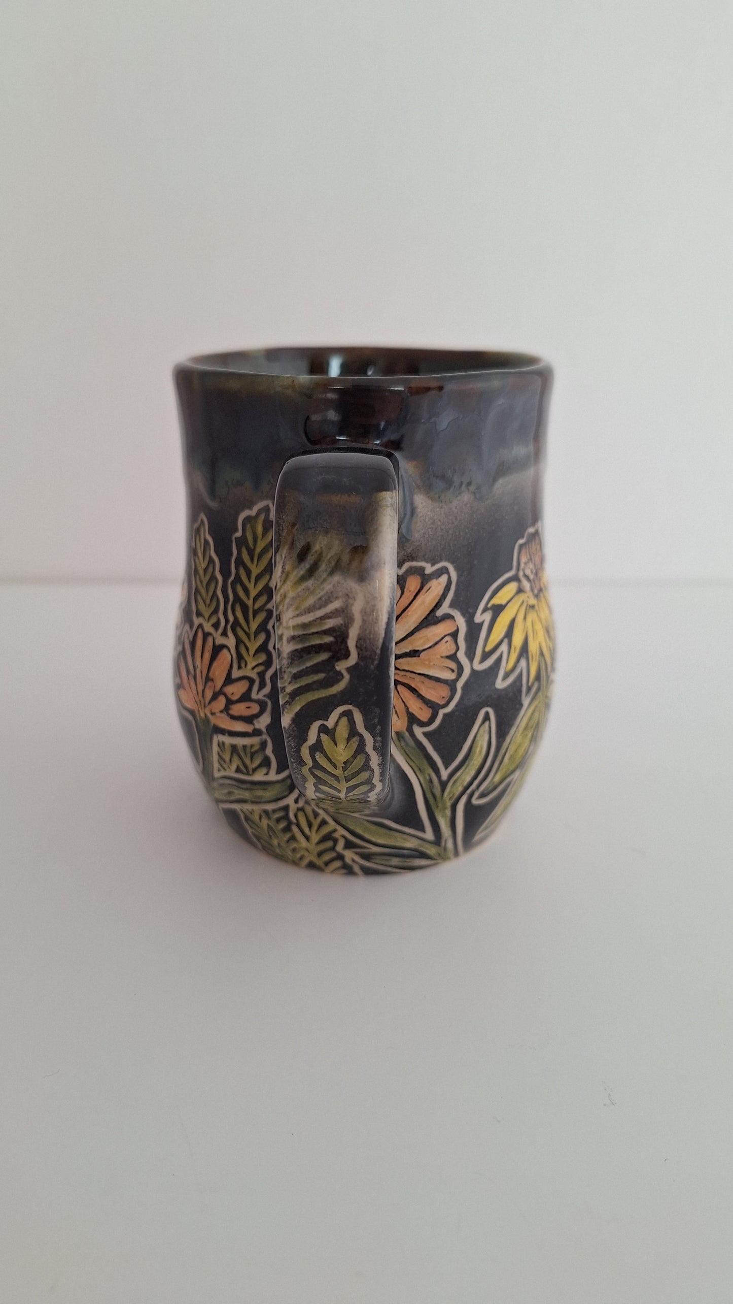 Hand Carved Botanical Stoneware Mug – Sunflowers, Cosmos & Ferns, One of a Kind