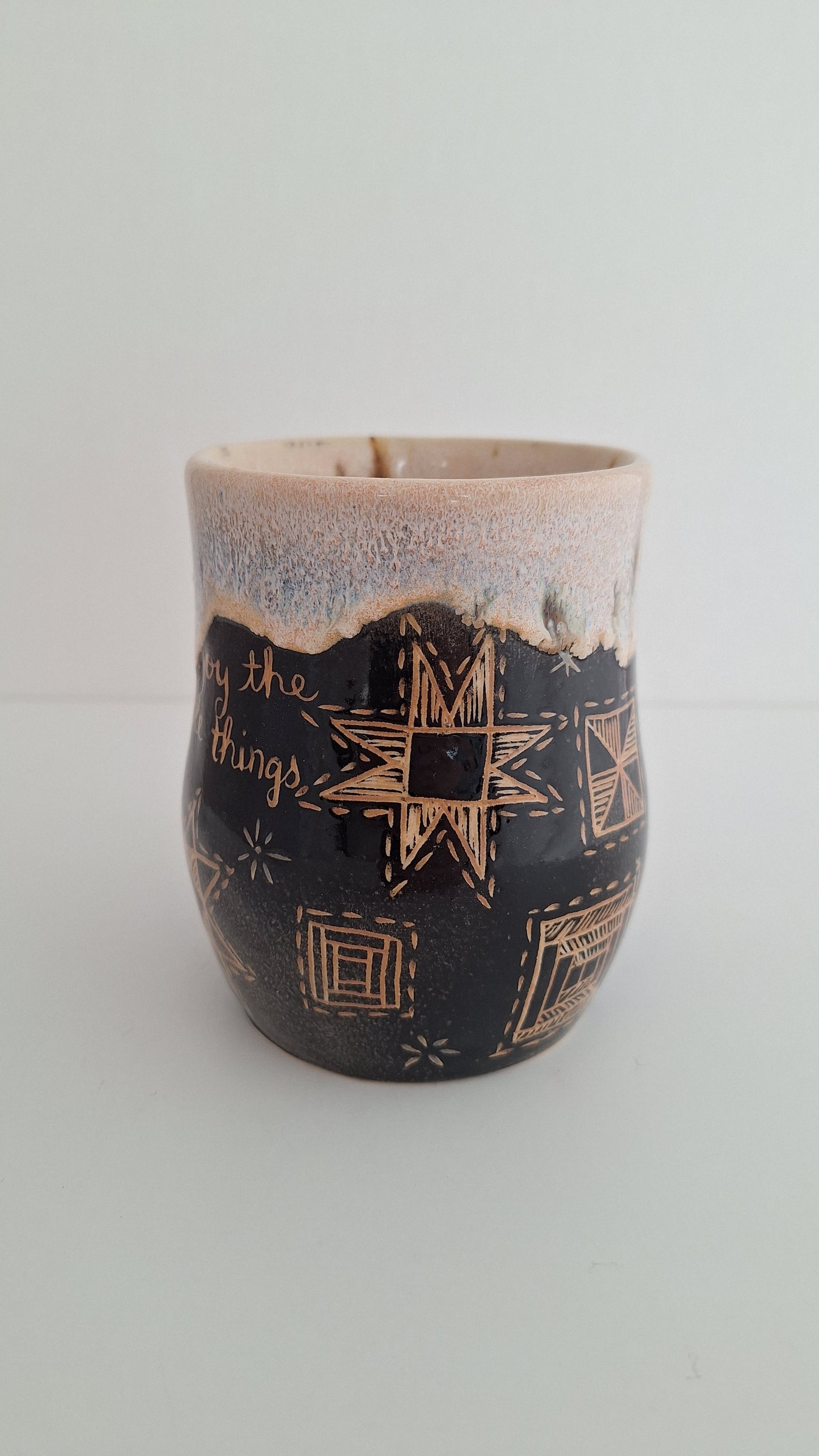 *Second* Hand Carved Stoneware Mug – Simple Things, Quilt blocks - One of a Kind Sgraffito Mug
