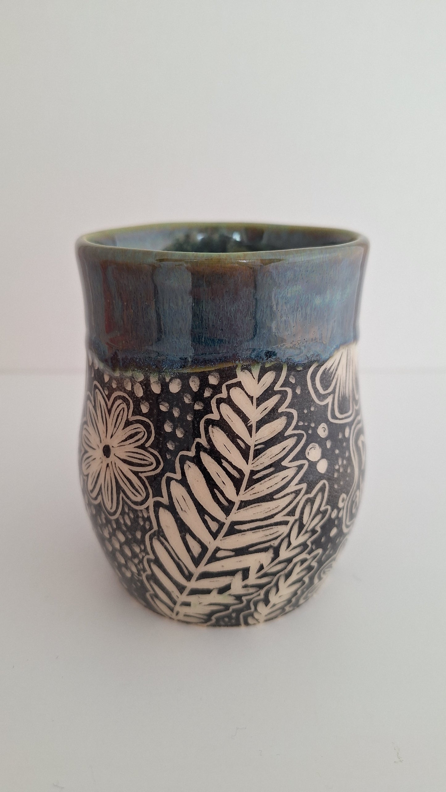 Hand Carved Botanical Stoneware Mug – Don't Worry - One of a Kind Sgraffito Mug