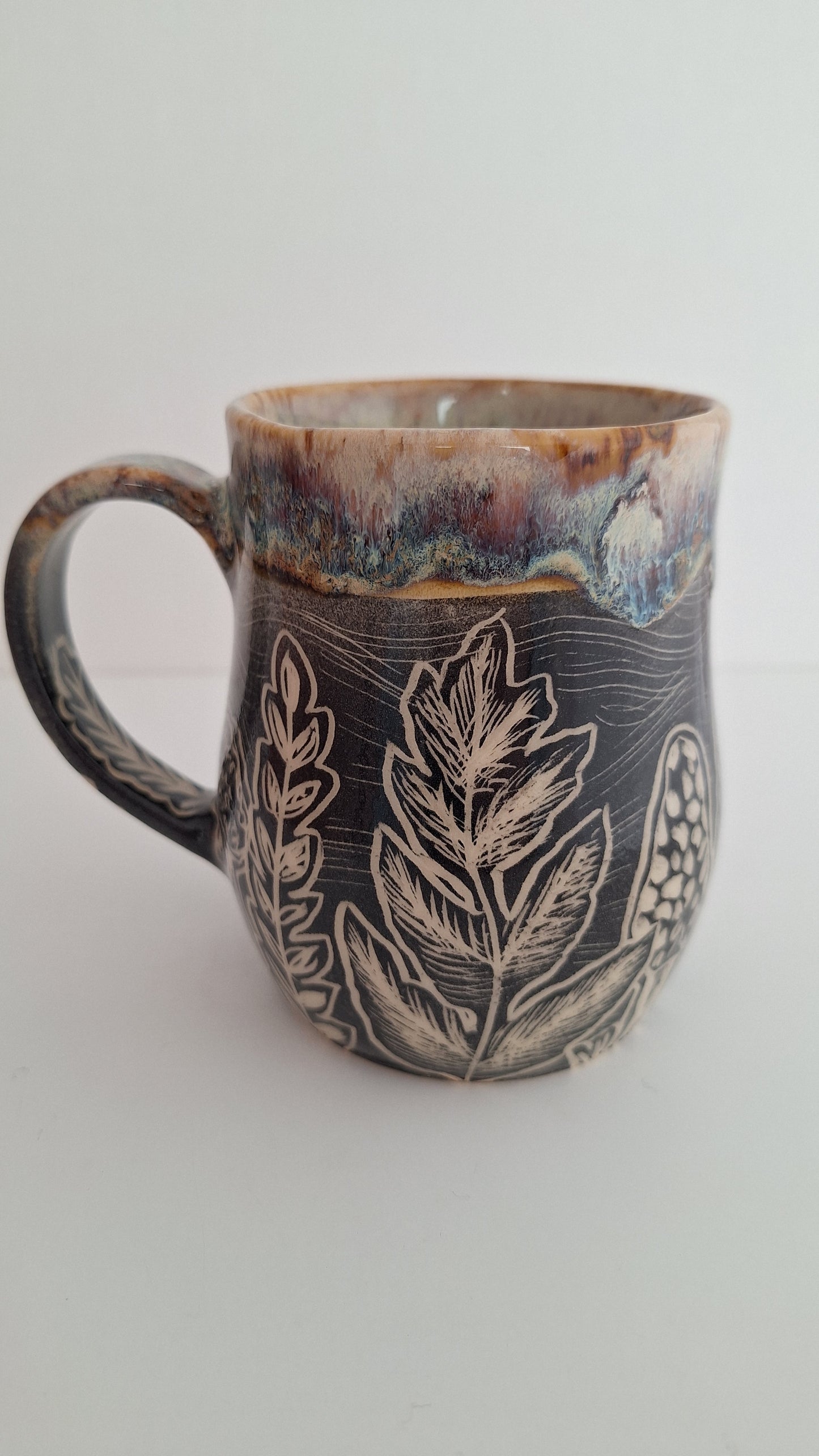 Hand Carved Botanical Stoneware Mug – Be Kind, mushrooms, morels - One of a Kind Sgraffito Mug