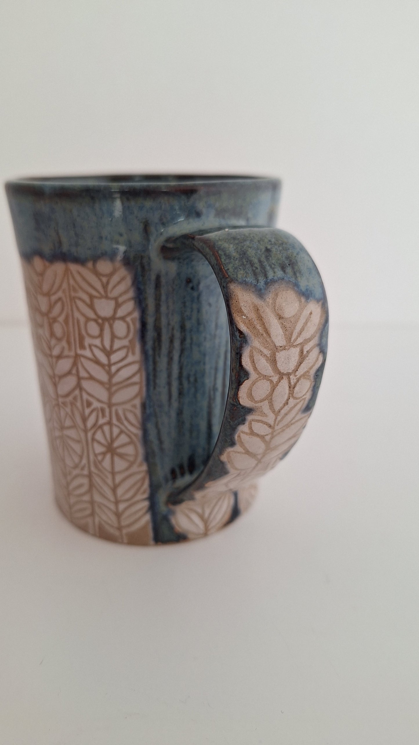 Hand Carved Botanical Stoneware Mug – Woodland Floral - One of a Kind Sgraffito Mug