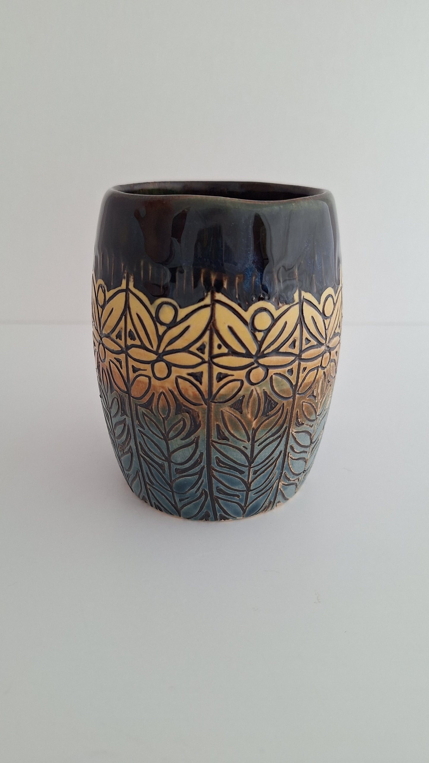Hand Carved Botanical Stoneware Mug – Folk Pattern Sgraffito Pottery, One of a Kind Handmade Mug