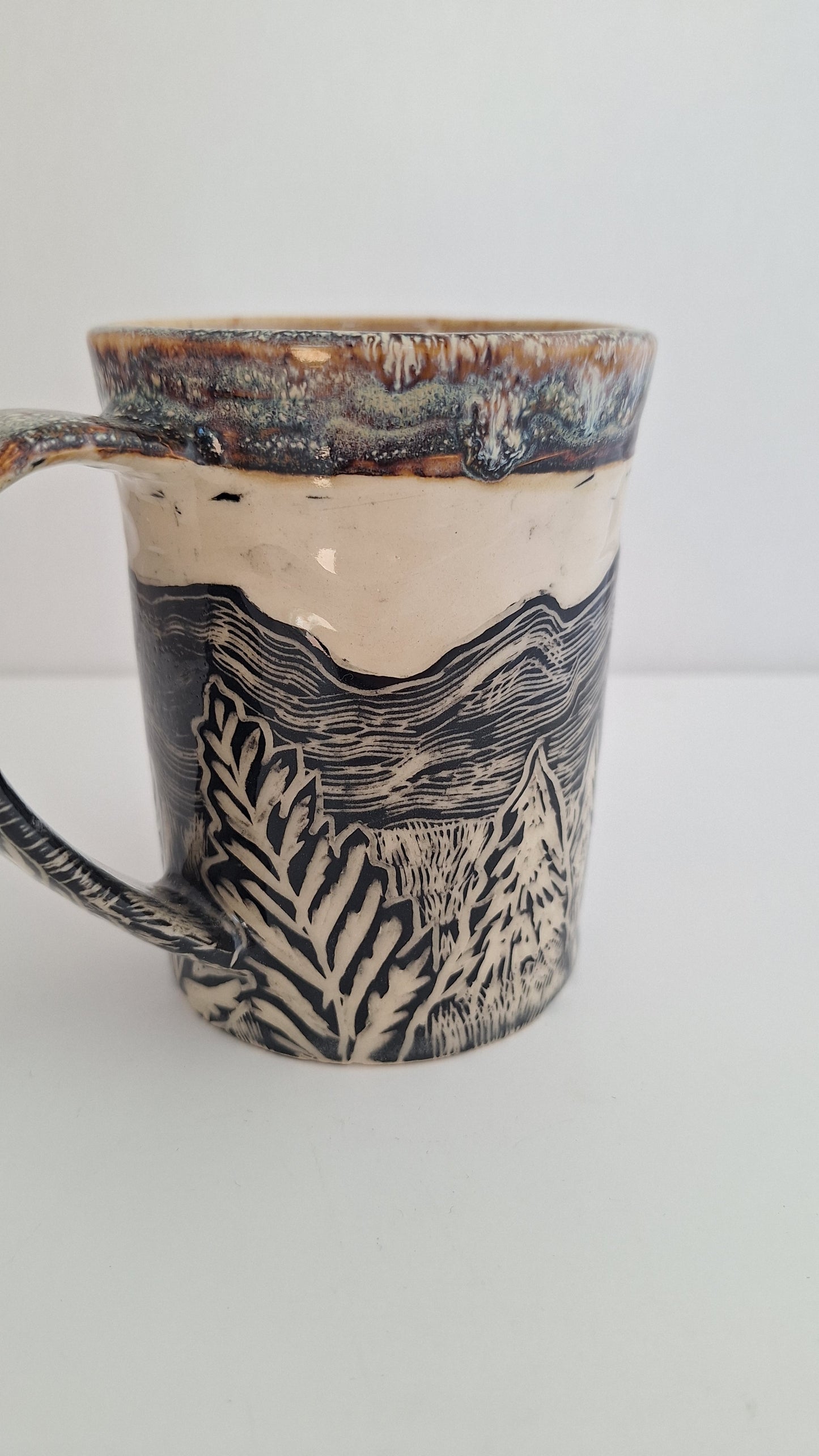 Endless Mountains - Hand Carved Botanical Stoneware Mug - One of a Kind Sgraffito Mug