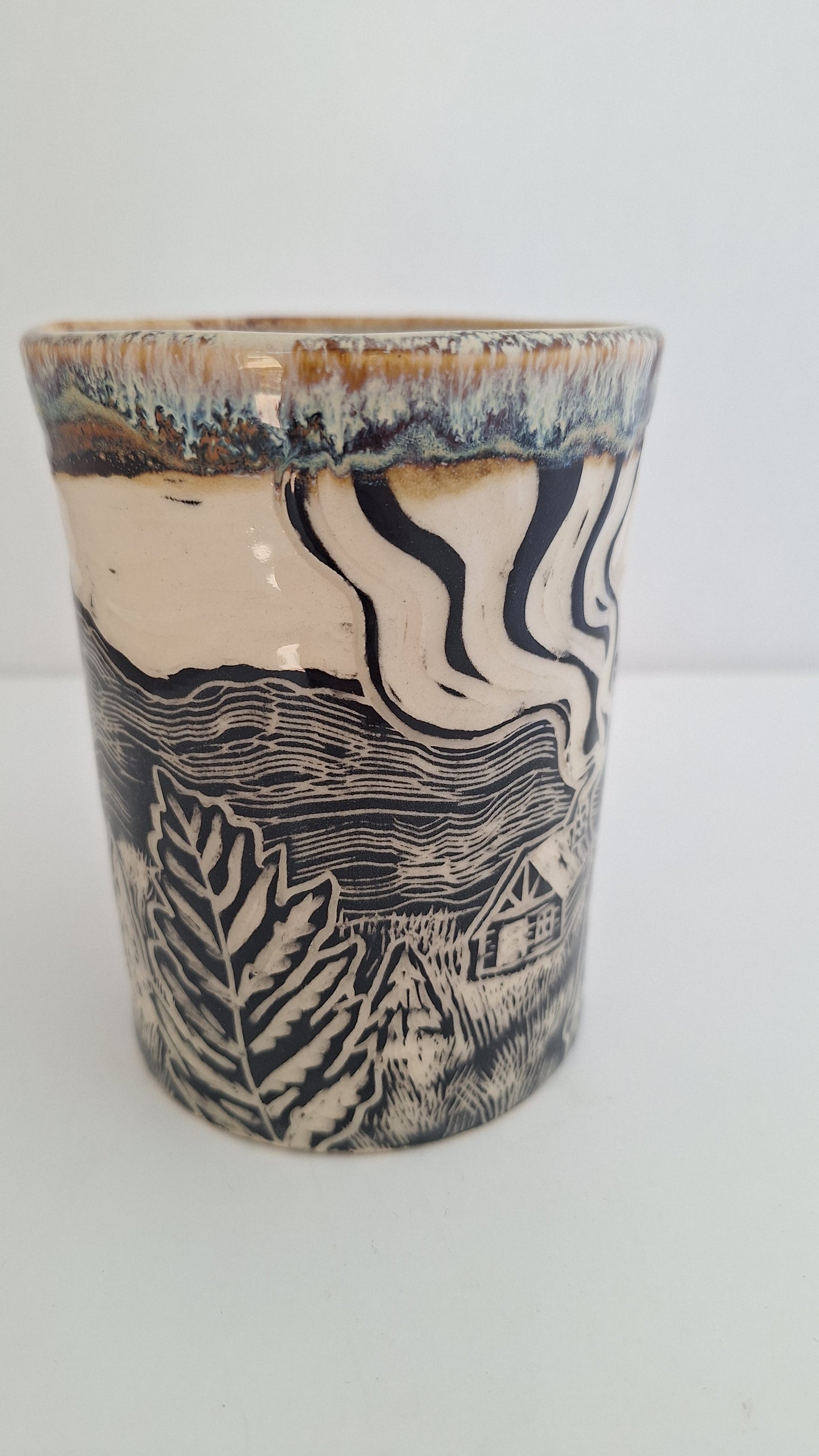 Endless Mountains - Hand Carved Botanical Stoneware Mug - One of a Kind Sgraffito Mug