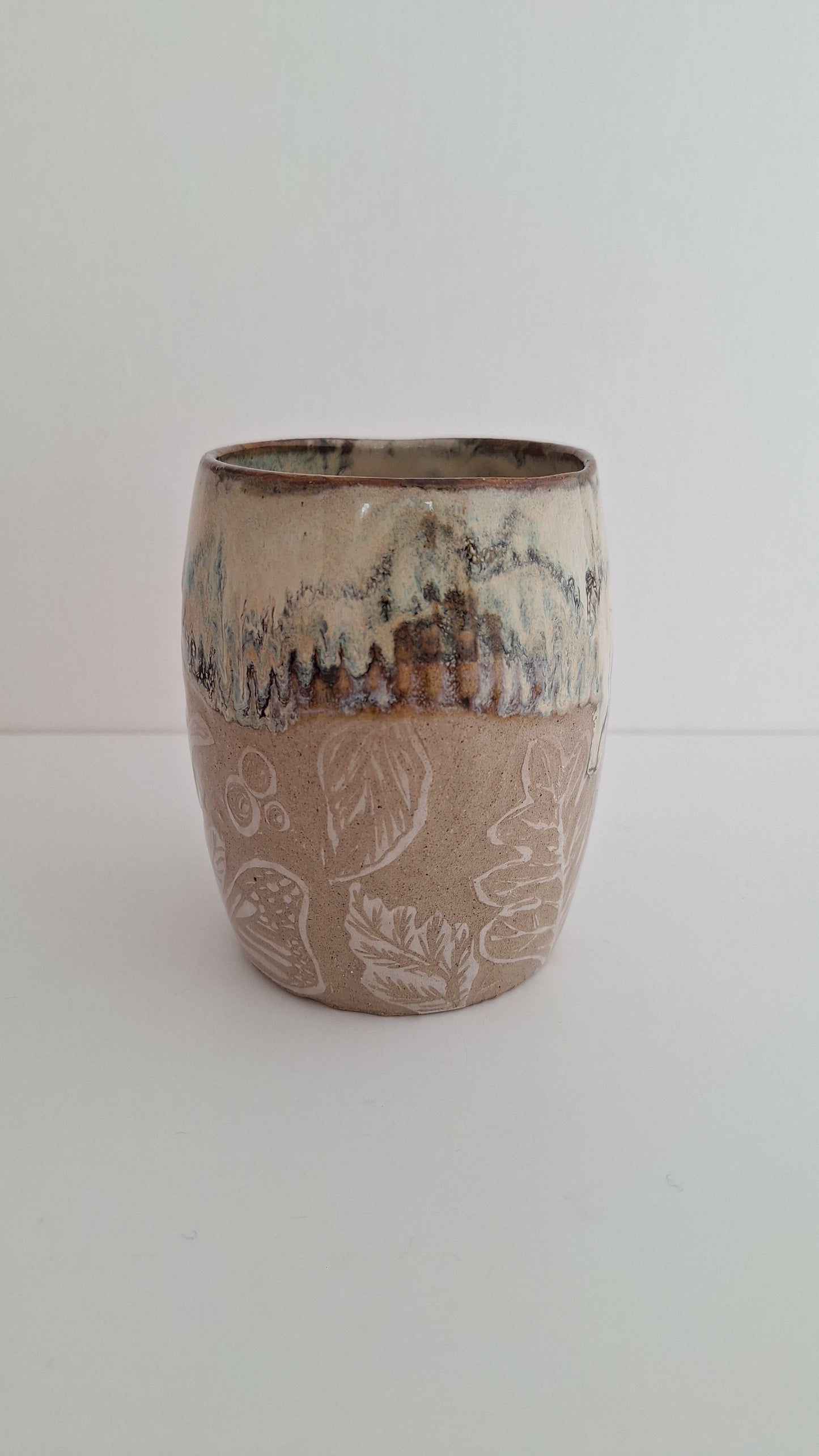 Hand Carved Botanical Stoneware Mug – Woodland Treasures - One of a Kind Sgraffito Mug