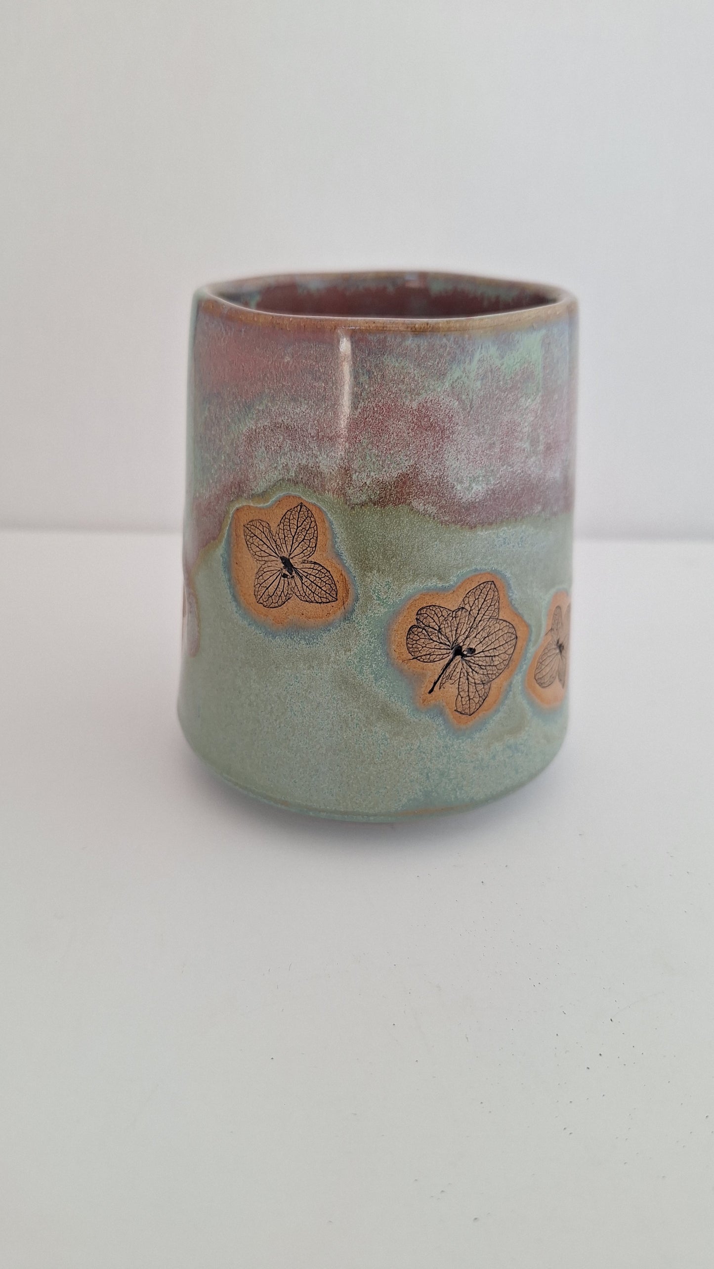 Hydrangea Tumbler - Hand Pressed Botanical Stoneware Mug – One of a Kind Handmade Mulled Wine cup