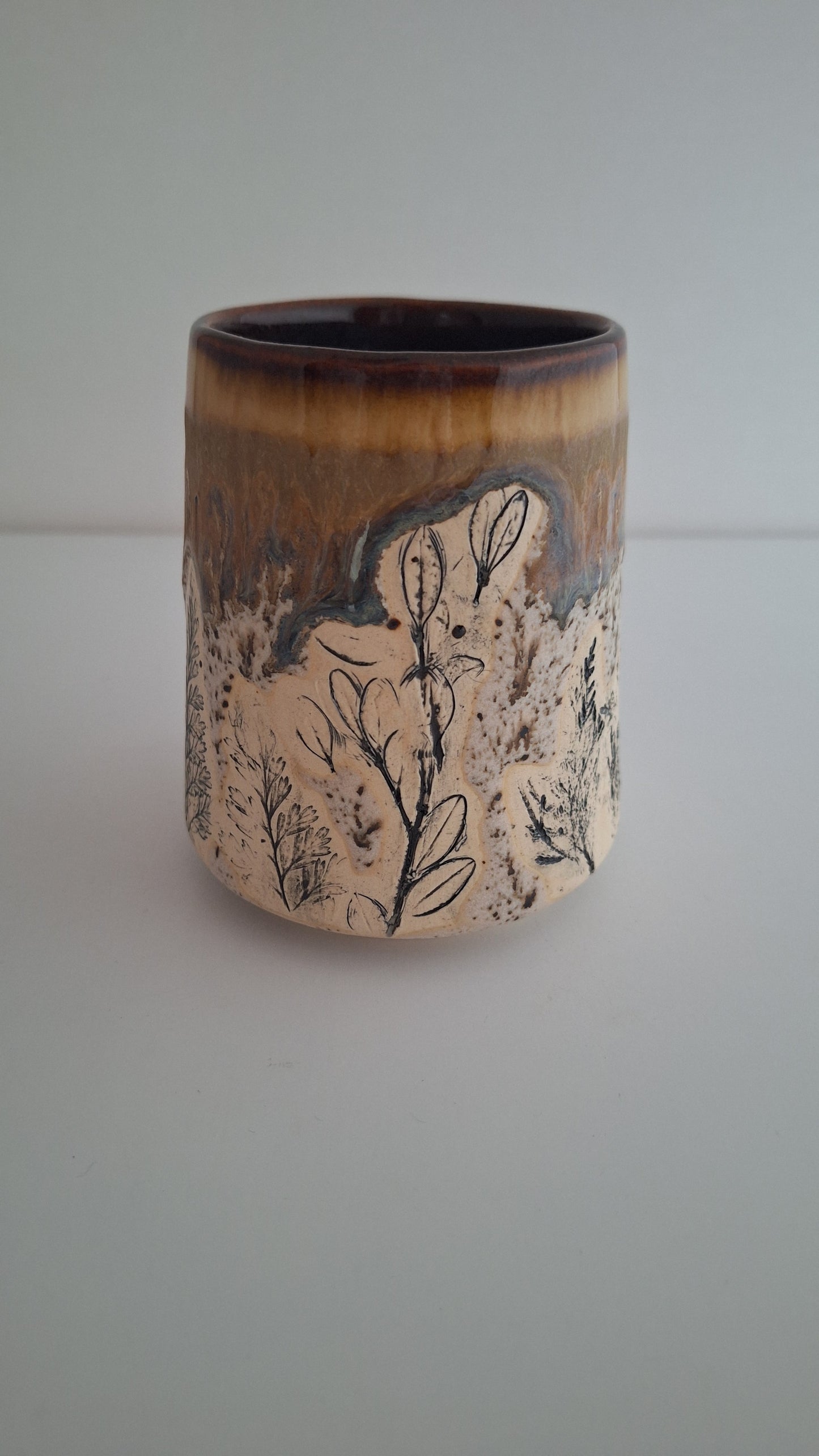 Botanical Imprint Stemless Wine Cup — One of a Kind Stoneware Tumbler - #1