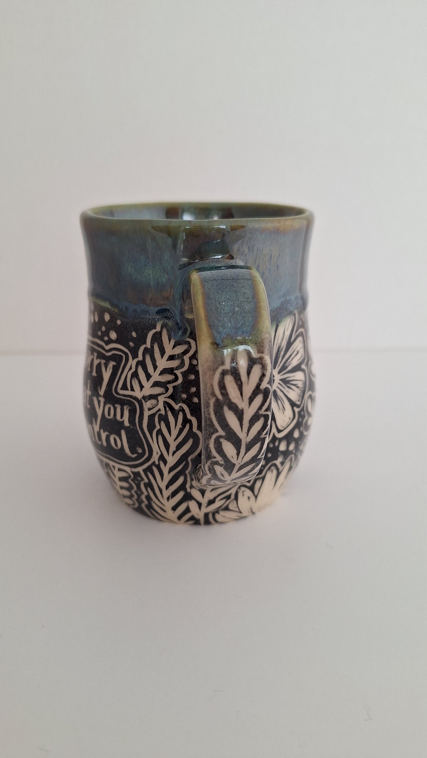 Hand Carved Botanical Stoneware Mug – Don't Worry - One of a Kind Sgraffito Mug