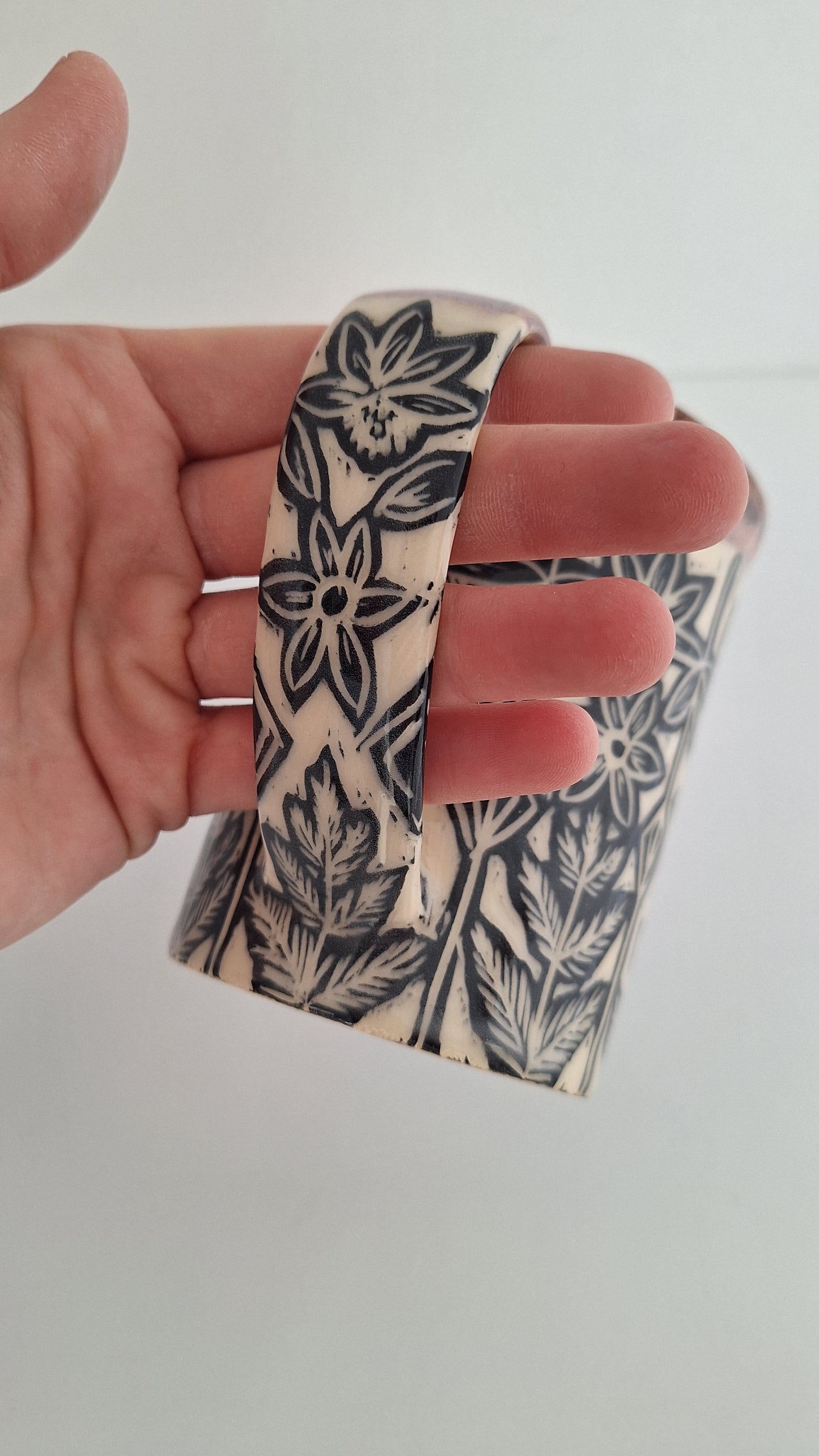 Hand Carved Botanical Stoneware Mug – Echinacea,  Ferns - One of a Kind Sgraffito Mug