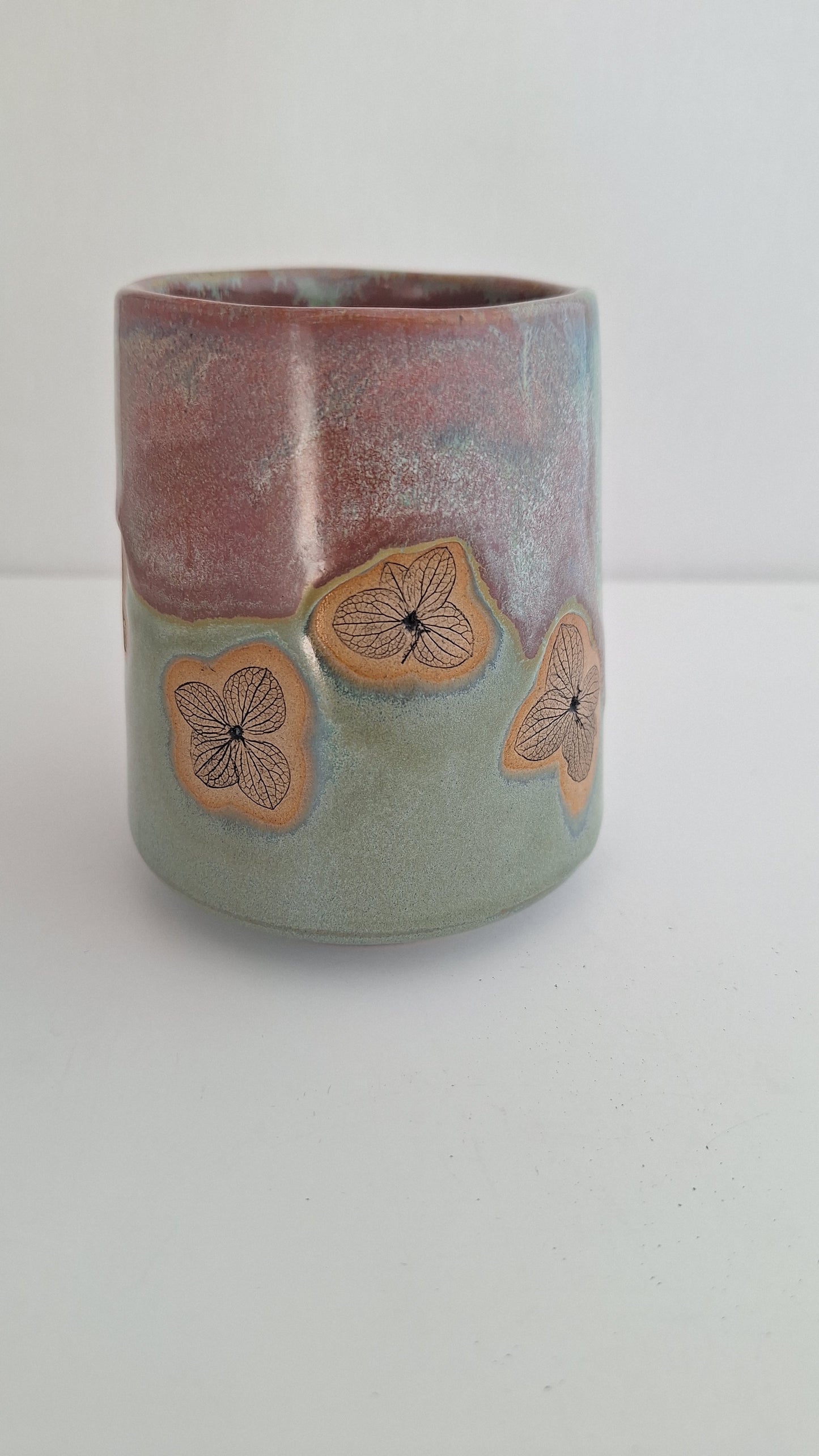 Hydrangea Tumbler - Hand Pressed Botanical Stoneware Mug – One of a Kind Handmade Mulled Wine cup