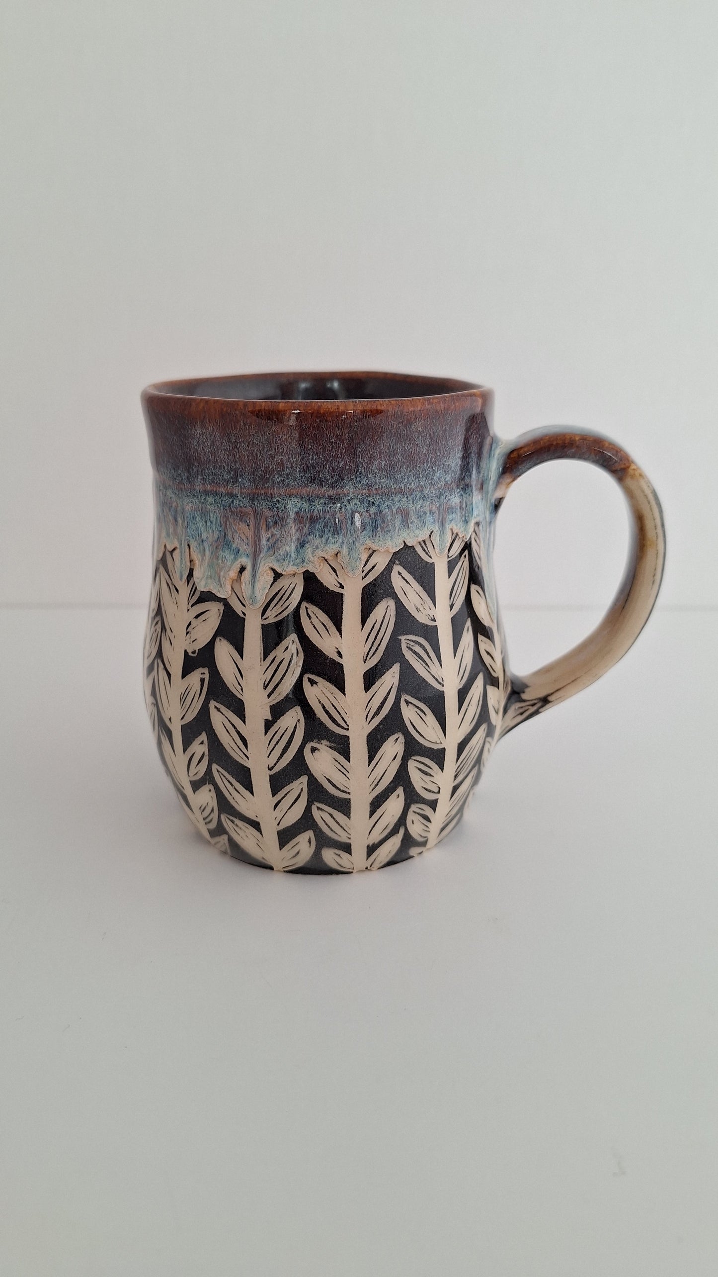 Hand Carved Botanical Stoneware Mug – Honeysuckle Vines - One of a Kind Sgraffito Mug